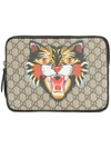 GUCCI Angry Cat print GG Supreme laptop case,LEATHER100%