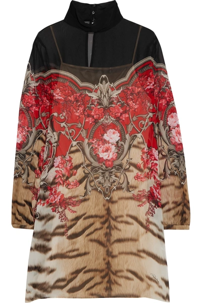 Roberto Cavalli Printed Silk-chiffon Turtleneck Mini Dress