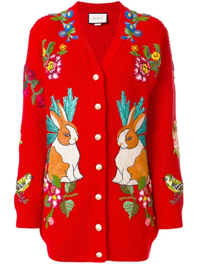 Gucci Oversized Embroidered Rabbit Knit Cardigan In Red