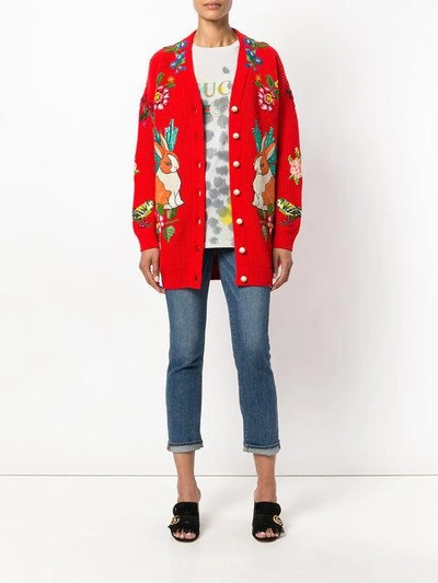 Gucci Oversized Embroidered Rabbit Knit Cardigan In Red | ModeSens