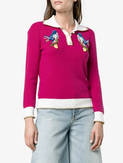 Shop Gucci Bird Embroidered Knitted Polo Top - Pink