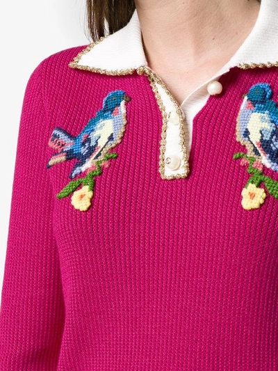 Shop Gucci Bird Embroidered Knitted Polo Top - Pink