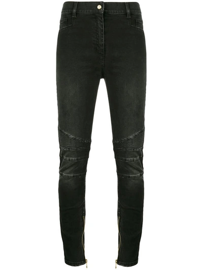Shop Balmain Black Moto Mid Rise Skinny Jeans In C4715
