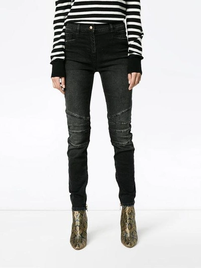 Shop Balmain Black Moto Mid Rise Skinny Jeans In C4715