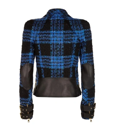 Shop Balmain Tweed Biker Jacket In Blue