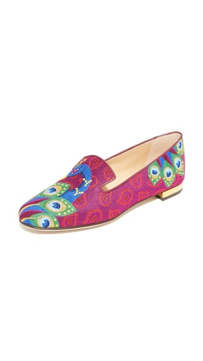 Charlotte Olympia Peacock Embroidered Canvas Slippers In Pink