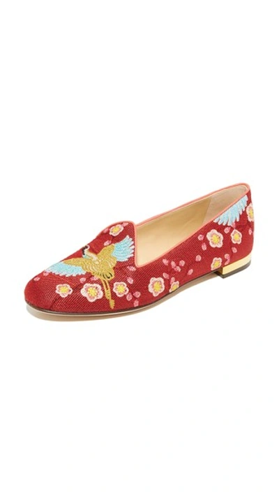 Charlotte Olympia Cherry Blossom Embroidered Canvas Slippers In Red