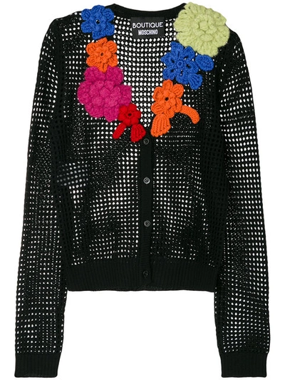 Boutique Moschino Flower Appliqués Wool Open Knit Cardigan, Black In Black