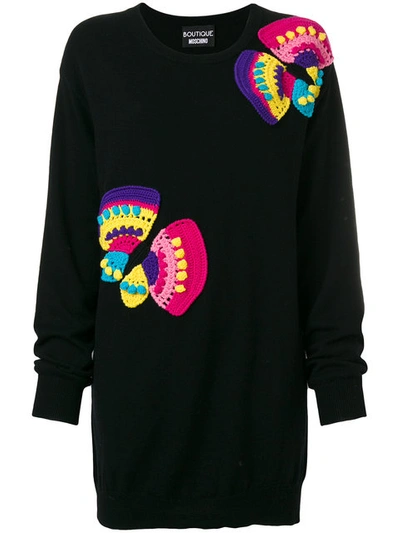 Boutique Moschino Tunic Jumper W/ Crocheted Butterflies In Black