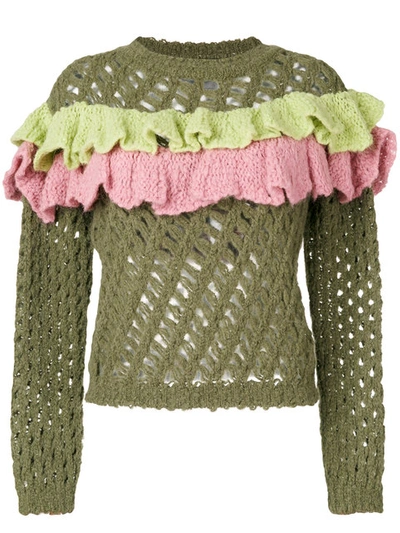 Boutique Moschino Wool Blend Open Knit Jumper W/ Ruffles In Military Green