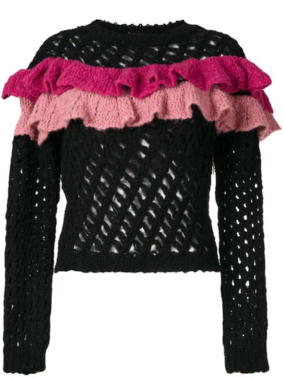 Boutique Moschino Open Knit Ruffle Top In Black