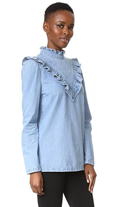 Shop Sjyp Ruffle Detail Denim Top In Light Blue