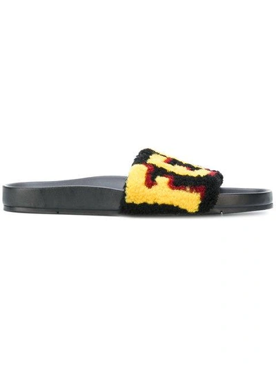 Shop Fendi Shearling Logo Slides