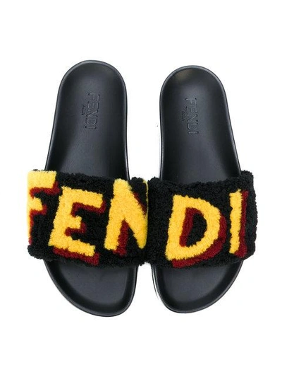 Shop Fendi Shearling Logo Slides