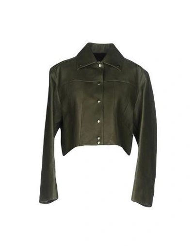 Shop Yang Li Leather Jacket In Military Green