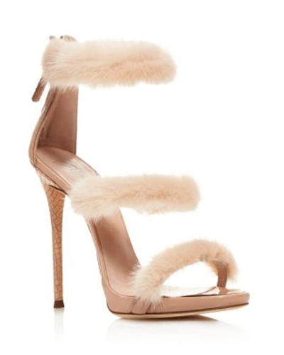 Giuseppe Zanotti Triple Band Mink Fur High Heel Sandals In Blush Pink