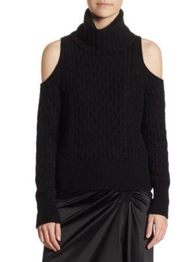 Theory Cold-shoulder Cable-knit Wool-blend Turtleneck Sweater In Black