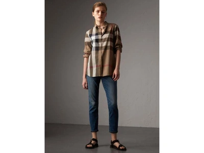Shop Burberry Check Cotton Shirt In Taupe Brown