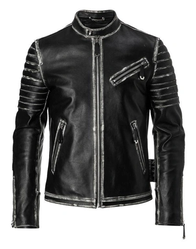 Shop Philipp Plein Leather Moto Jacket "old"