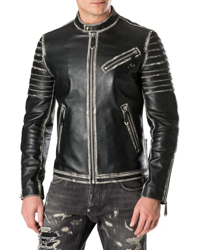 Shop Philipp Plein Leather Moto Jacket "old"