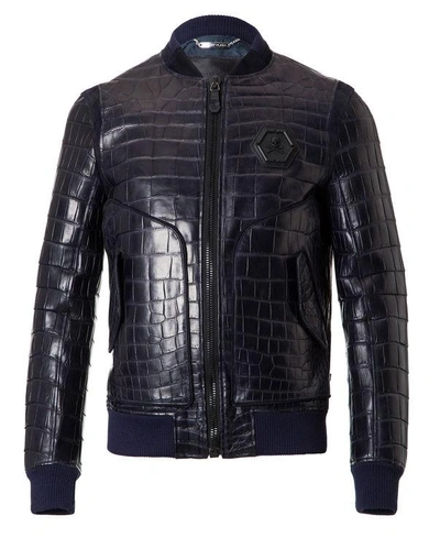 Philipp Plein Leather Bomber "tiger Face" In Middle Blue