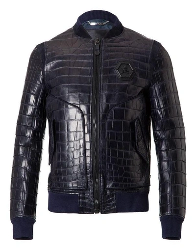 Shop Philipp Plein Leather Bomber "james" In Middle Blue