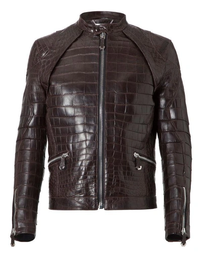 Shop Philipp Plein Leather Bomber "jeffrey" In Dark Brown