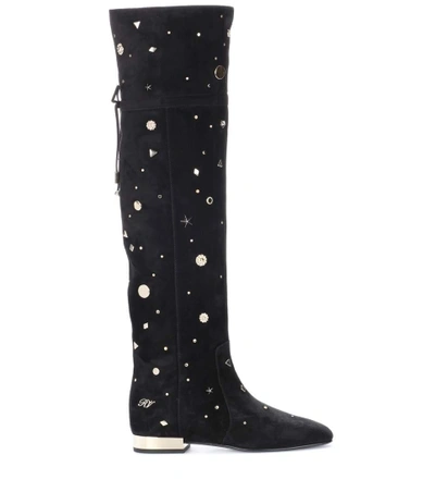 Shop Roger Vivier Embellished Suede Over-the-knee Boots In Black