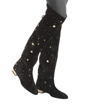 Shop Roger Vivier Embellished Suede Over-the-knee Boots In Black