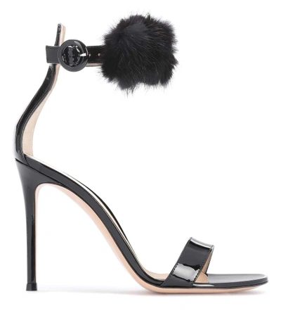 Shop Gianvito Rossi Brigitte Fur-trimmed Patent Leather Sandals In Black