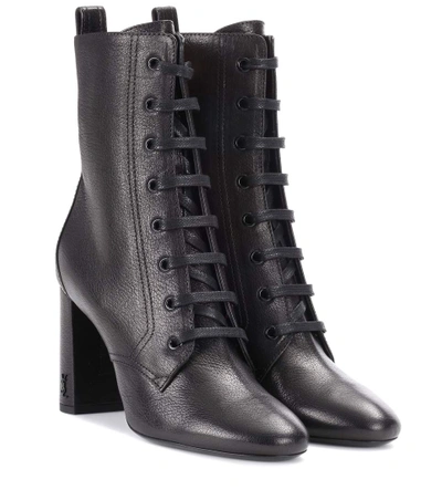 Saint Laurent Loulou Lace-up Grained-leather Ankle Boots In Black