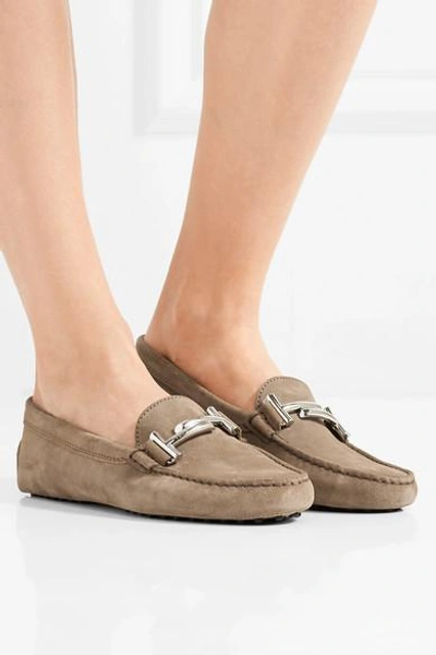 Shop Tod's Gommino Embellished Suede Loafers In Beige