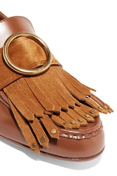 Shop Chloé Olly Fringed Suede-trimmed Embellished Leather Loafers In Tan