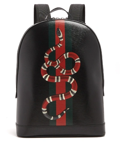 Gucci Web And Kingsnake Print Leather Backpack In Black