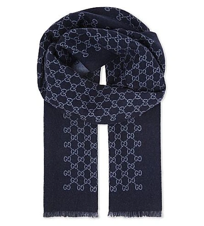 Shop Gucci Logo Wool Scarf In Blue Light Blue