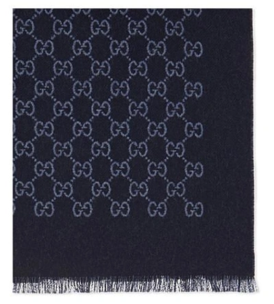 Shop Gucci Logo Wool Scarf In Blue Light Blue