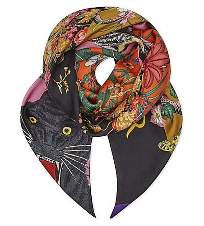 Shop Gucci Tiger And Floral Print Silk Scarf In Roseate