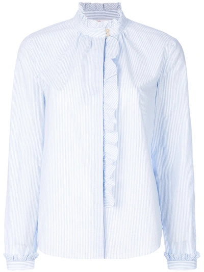 Red Valentino Long Sleeve Striped Blouse With Ruffle Detail In Blue