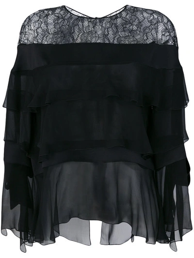 Alberta Ferretti Tiered Lace Silk Blouse In Black