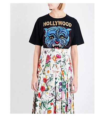 Shop Gucci Hollywood Tiger-motif Cotton T-shirt In Black