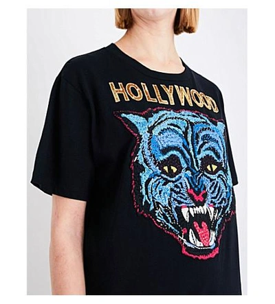 Shop Gucci Hollywood Tiger-motif Cotton T-shirt In Black