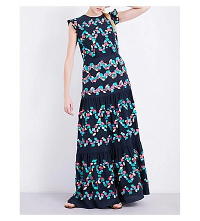 Shop Peter Pilotto Embroidered Fil-coupé Gown In Navy