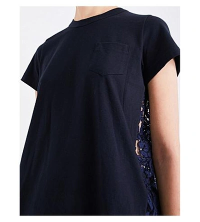 Shop Sacai Lace-panel Cotton T-shirt In Navy