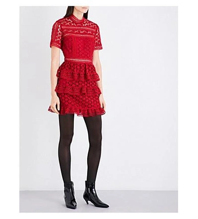 Shop Self-portrait Star Guipure Lace Panelled Mini Dress In Red