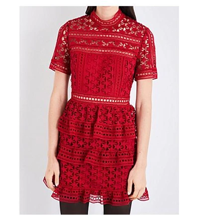 Shop Self-portrait Star Guipure Lace Panelled Mini Dress In Red