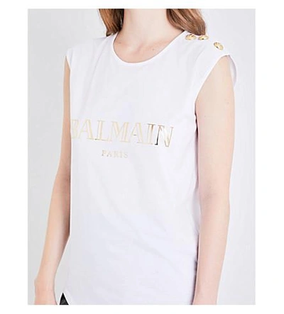 Shop Balmain Logo-print Cotton-jersey Top In White