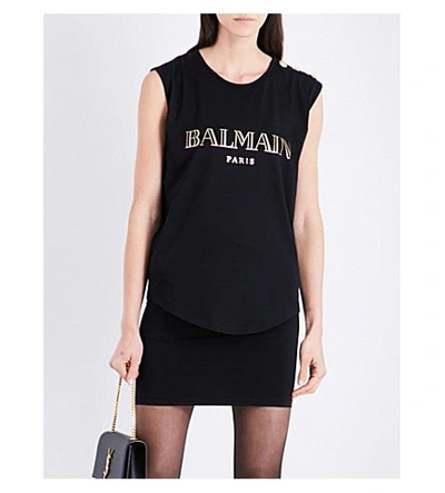Shop Balmain Logo-print Cotton-jersey Top In Noir