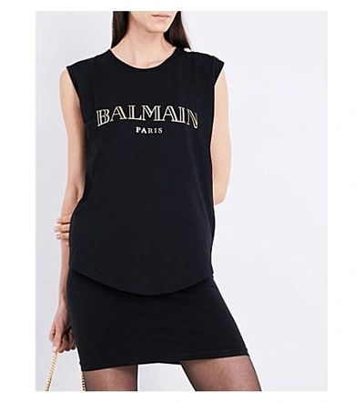 Shop Balmain Logo-print Cotton-jersey Top In Noir