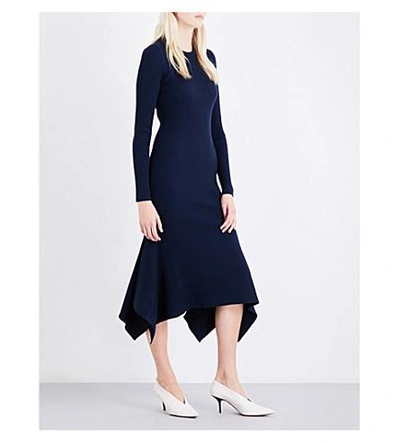 Shop Victoria Beckham Draped-hem Ribbed Fitted Wool Dress In Navy