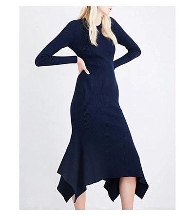 Shop Victoria Beckham Draped-hem Ribbed Fitted Wool Dress In Navy